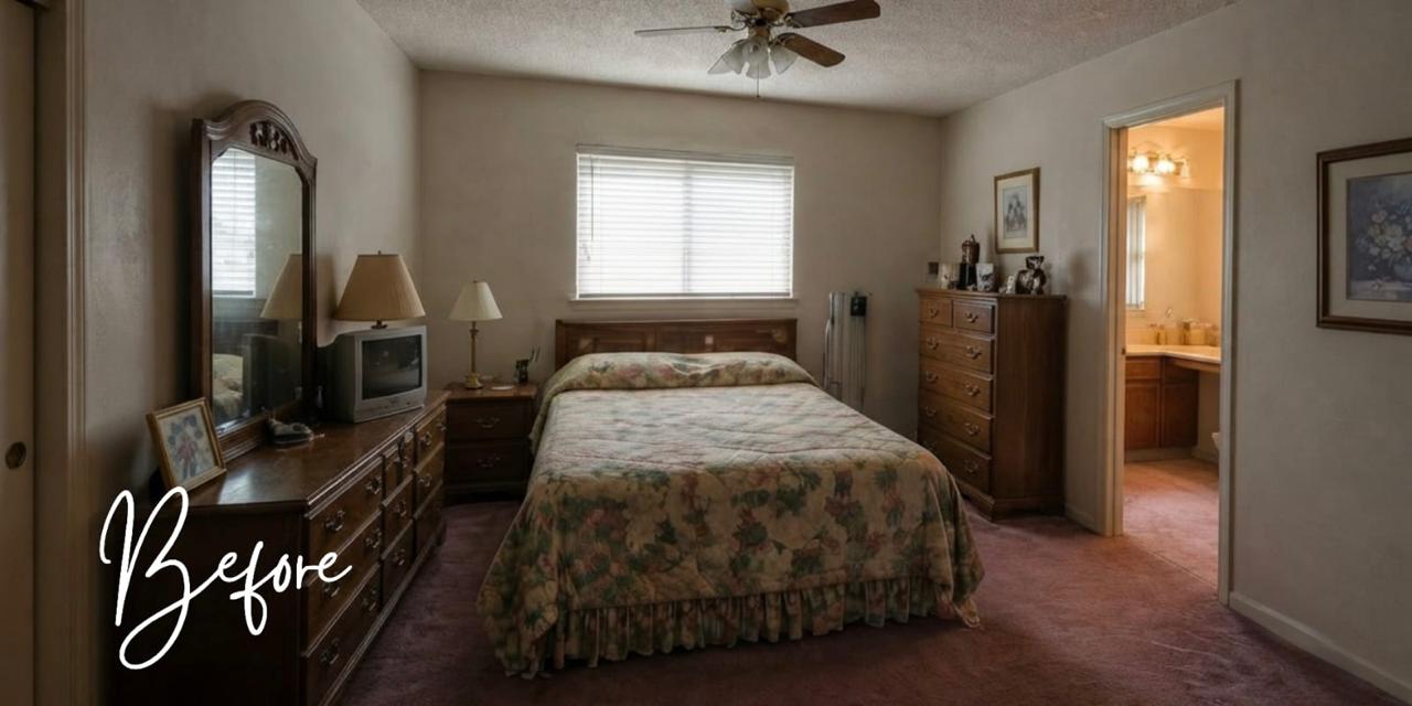 Primary suite before renovation, dim and dated
